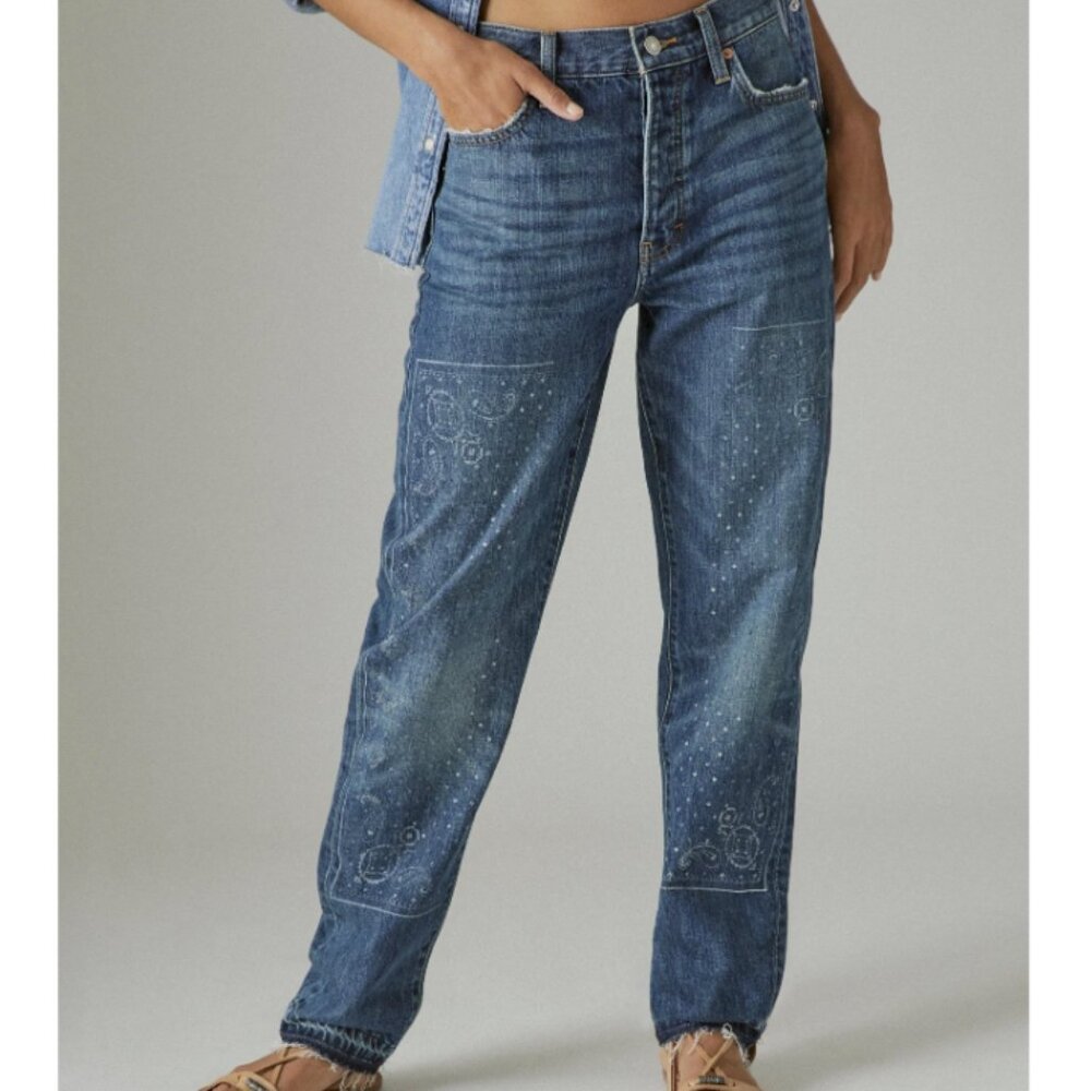 Lucky Legend Drew Mom High Rise Taper Jeans 00/24, Paisley Design, Raw Hem